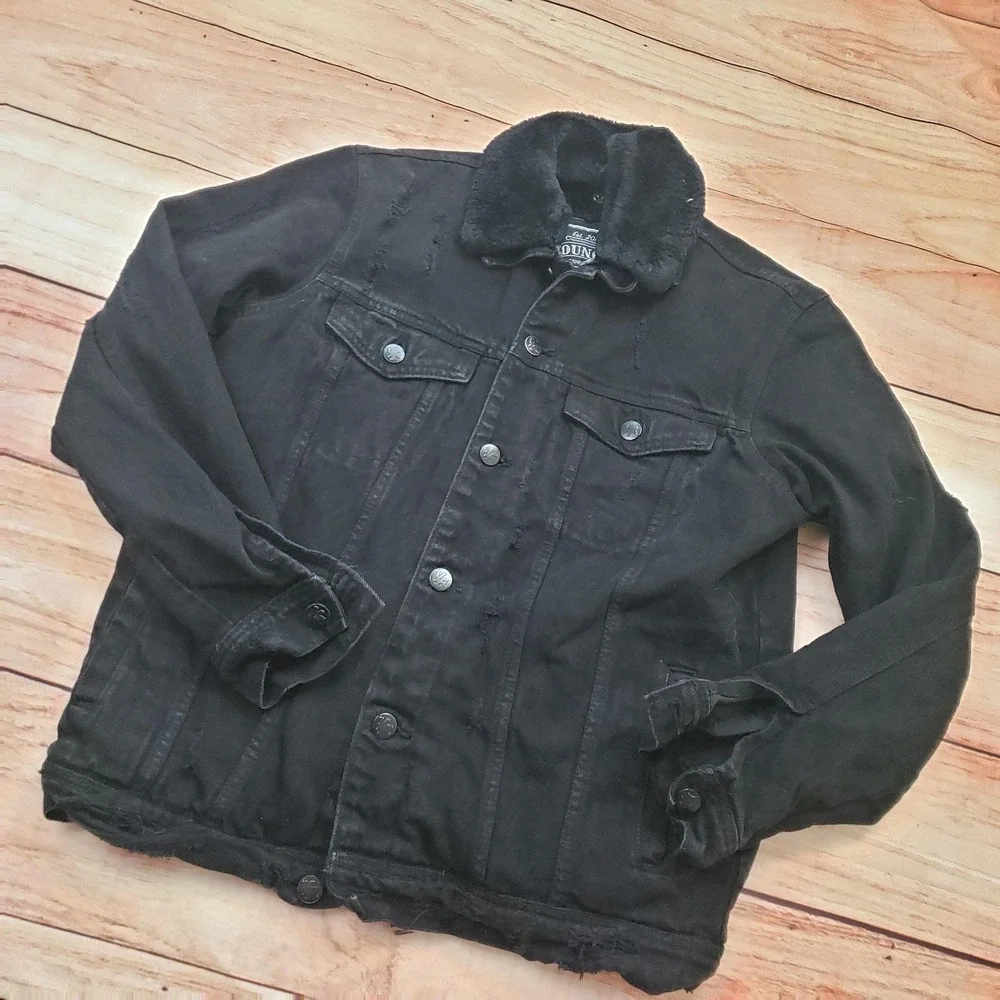 YoungLA Jacket Mens Medium Black Denim Trucker Sherpa Collar Distressed Faux Fur